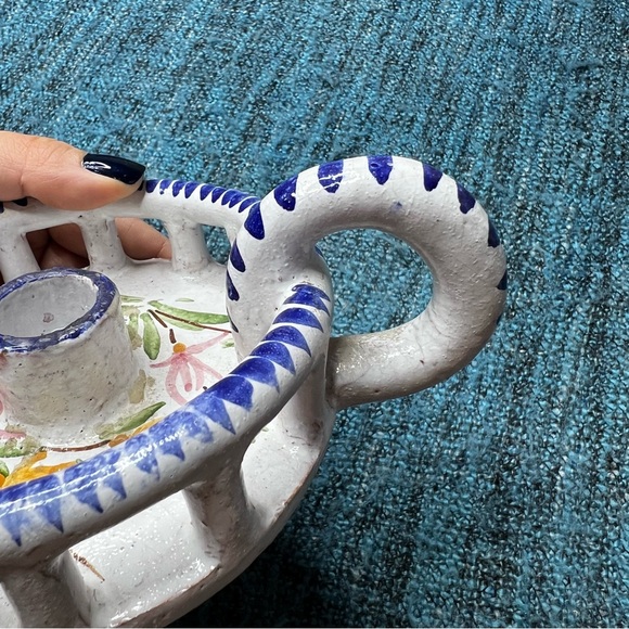 Vintage 70s Hand Painted Studio Pottery Candle Holder Finger Loop Floral Signed - Picture 7 of 13